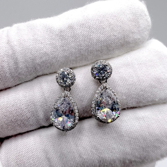 .925 Sterling Silver Rhodium Plated Teardrop CZ Earrings - Picture 17 of 17